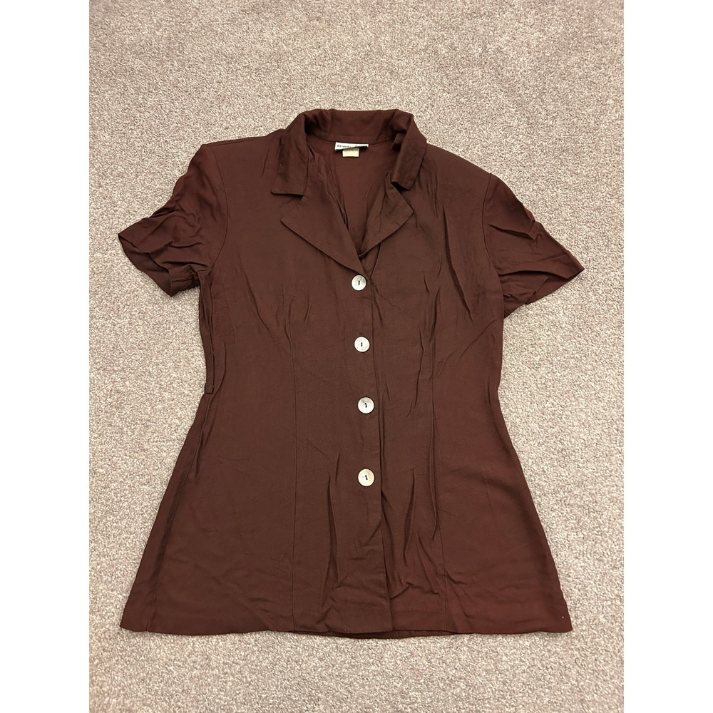 90s Breakin Loose Button Up Top Womens 14 Brown Excellent Vintage Rayon Blouse